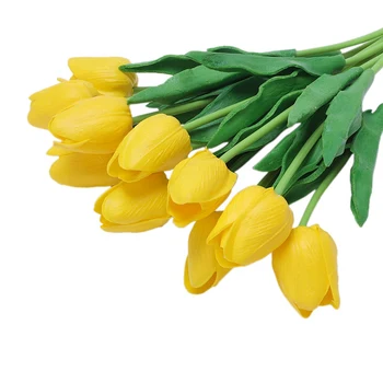 10pcs Dzeltena Lateksa Nekustamā Touch Tulpes Zieds ar Lapām, Lai Kāzu Pušķi Rotā