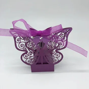 Balta, Purpura Tauriņš kāzu labu dāvanu kastes Mazās lāzergriešanas konfekšu kastes iepakojuma, videi draudzīgu konfekšu kastes papīra