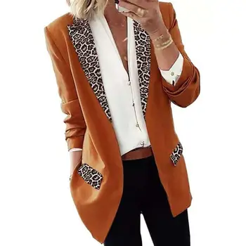 2020 Rudens Ziemas Modes Sieviešu Atloks Leopard Raibs Žakete ar garām Piedurknēm Atvērt Priekšējo Slim Mētelis, Jaka uzvalks