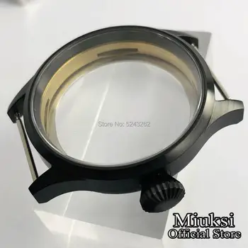 Miuksi 43mm safīra stikls sterilā melns PVD tērauda skatīties lietā fit 6497/6498 Jūras kaiju ST3600 kustības mens watch
