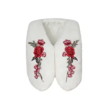 Mākslīgās Kažokādas Mētelis Sievietēm Rudens Ziemas Modes Cietie Bez Piedurknēm, V-Veida Kakla Izšūšana Jaku Īss Mētelis Silts Mīksts Outwear