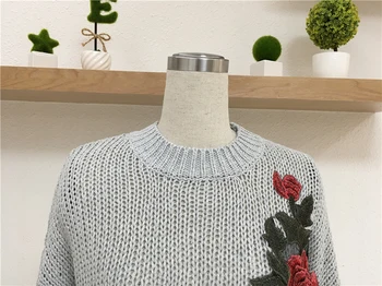 Sieviešu Džemperis 2019 Modes Izšuvumi Rožu Zaudēt Dobi Nelegālo Pulovers Dāmas Elegants Vintage Pelēks Overwear Džemperis Džemperis
