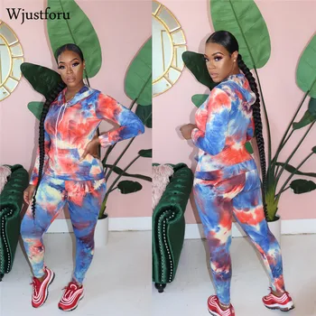 Wjustforu Streetwear Divas Gabals, kas Sievietēm Tie krāsošanas Kapuci Drēbes, Džemperis ar Augstu Vidukļa Zīmuli Bikses Stiept Joggers Gadījuma Tracksui