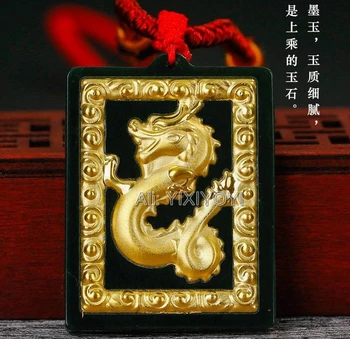 Dabas Tumši Zaļa Hetian Jade + Īsta Zelta Ķīnas Svētību Dragon Phoenix Pāriem Amuletu Kulons + Bezmaksas Kaklarotu, Smalkas Rotaslietas