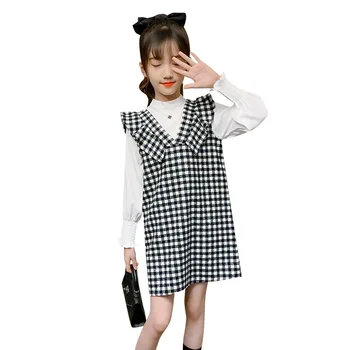Modes meitene rudens kleita korejiešu meitene princese kleita ar garām piedurknēm top + piedurknēm izšūta kleita divi-gabals meitene bērnu apģērbs