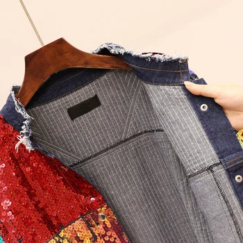 Jauno modes džinsa jakas, sieviešu-Eiropas stacija jaunu smagā rūpniecība varavīksnes Sequin zaudēt jaka