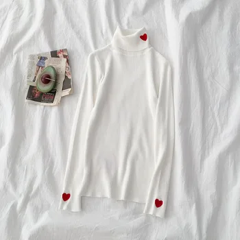 Kimutomo Trikotāžas Džemperis Sievietēm Rudens korejas Modes Visu maču Slim Fit Sieviešu Džemperis augstu uzrullētu apkakli Sirds Izšuvumu Topi