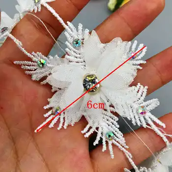 1 pagalmā Baltu Mežģīņu Par Kleitu Lentes Rhinestones 3D Sniegpārslas Ziedu Mežģīnes Apdari Adīšanas Kāzu Izšūti Roku darbs Šūšanas Kuģiem