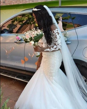 Dienvidāfrikas Sirēna Melnās Meitenes kāzu kleitas Baltā Mežģīņu Appliques Dārgakmens ar garām Piedurknēm Backless Plus Lieluma Līgavas Kleita Birde