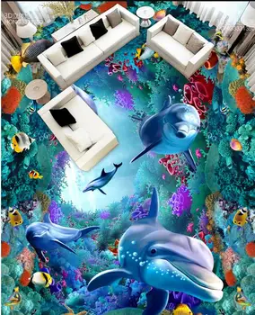 Vinila Grīdas Delfīnu Koraļļu Ūdensizturīgs Virtuves Tapetes, 3d Stereoskopiskās Krāsošana Sienas Vannas istaba