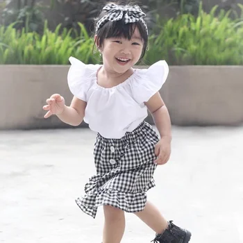 2019. gada Pavasara Ziediem Jauns Dizains Meitene Uzvalks Baby Fly Piedurknēm Top ar Neregulāru Plūdmaiņu Van Kroku Svārki 2 Gabals, kas Bērniem Drēbes