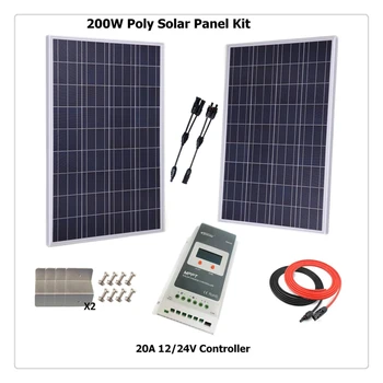 200w Saules Paneļu Polikristālu saules paneļu sistēma, komplekts w/20A MPPT saules bateriju uzlādes kontrolieri, saules kabeli, Z turētājs RV Laivu Mājas