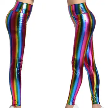 Dāmu modes punk nakts bārs, klubs, seksīgas garās zeķes ar augstu vidukļa slim aprīkots varavīksnes disco bikses spilgti viltus ādas izdilis stulpiņi