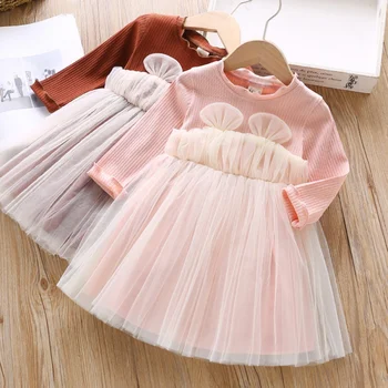 2 Krāsas Pavasara Rudens Girl Dress 2Y-7Y Korejas Stila, ar garām Piedurknēm Acs Dzijas, Kleita Apkalpes Kakla Tutu Puses Meiteni Saģērbt Princese