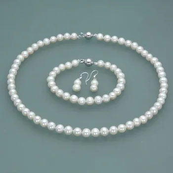 Patiesa 8-9mm Dabas Balts Akoya Kultivētās Pērles Kaklarota, Rokassprādze Auskari Komplekts