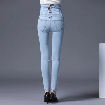 Jaunu 2018. gada Vasaras Sieviete Modes Slim Augsta Vidukļa Vienu Krūtīm Zilu Zīmuli Džinsa Bikses Sieviešu Lielajam 6XL Elastīgs Džinsu Bikses