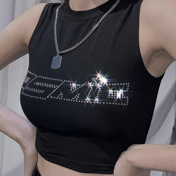 Sieviešu Vasaras Y2K Īsām Piedurknēm Kultūraugu Top Spīdīga Karstā Urbt Rhinestone Kosmiskā Burtu T-Krekls Nabas Slim Veste Kluba Streetwear