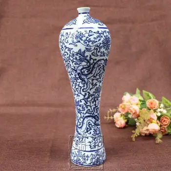 Ķīnas vecs, Zils un balts porcelāna rotas pūķis mazo muti garš vāze