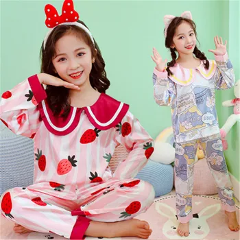 Pusaudžu Meitenes Homewear Kopums Ir 2021. Jaunā Pavasara Vasaras garām piedurknēm Bērnu Pidžamas Ledus Zīda Bērnu Pidžamas Drukāt Gudrs Sleepwear