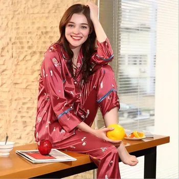 YT - 049 Pavasara Drukāšanas Modelis Seksīgs divdaļīga Sieviešu Satīna Pidžamas Komplekti ar garām Piedurknēm Sleepwear Iekštelpu Apģērbu, Mājas Tērps
