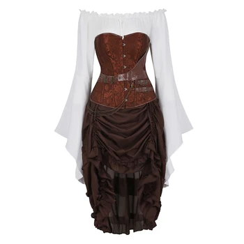 Steampunk korsešu dresss top svārki 3-gabals cosplay kostīmu gotu, punk bustier korsetes pirātu burleska vintage brūna korsett