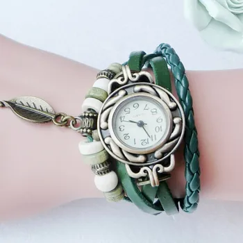 Kvarca luksusa Sieviešu rokas pulkstenis Retro LeatherWinding Aproce Lapu Kulons Skatīties sieta josta ultra-plānas modes relojes para mujer