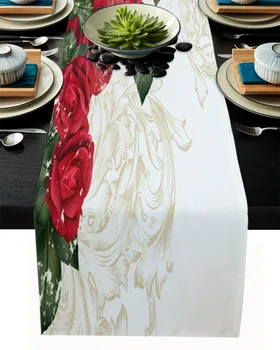 Klasisks Sarkanu Rožu Galda Runner Kāzu Galda Dekorēšana Dinning Galda Stīgas Placemat Ziemassvētku Dekori Galdauts