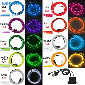 FEELDO 5set 9-krāsu 12V USB Power Inverter 5M Auto Elastīgās Liešanas EL Spīd Neona Apgaismojums, Virves, Lentes Ar Fin #CA5771