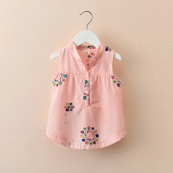 2019 Jauno Vasaras Meitene Baby Girl Veste korejas Izšuvumi Mazo Ziedu Piedurknēm Turnshirt ikdienas krekls top
