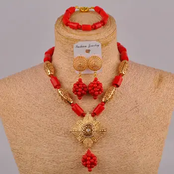 Cilindriskas Sarkanas Koraļļu Pērles Āfrikas Krelles Modes Nigērija Kāzu Rotu Komplekts, Kaklarota, Rokassprādze Auskari Bezmaksas Piegāde WW-03