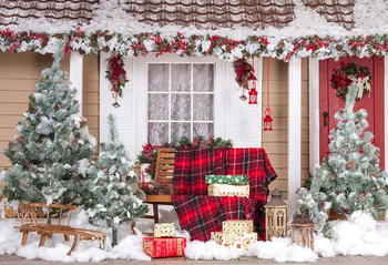 Sniega ziemas māju priedes ziemassvētku foto fona fotogrāfija backdrops kvalitātes vinila