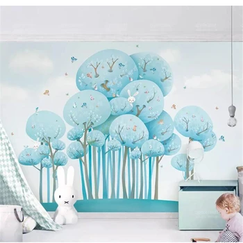 Wellyu Custom tapetes papel de parede Zilā cute karikatūra meža trusis, putns bērnu istabas fonā sienas gleznojums