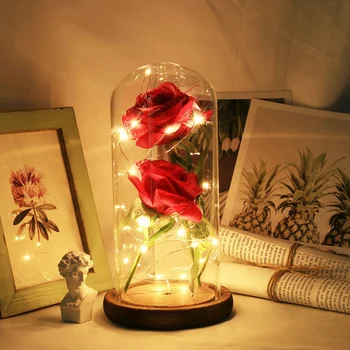 Ir 2021. Mākslīgo Rožu Skaistums Un Zvērs Ziedu Stikla Kupola Jostas LED Lampas, Ziemassvētku Mājas Dekori Valentīna Diena Dāvanu