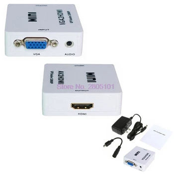 Ar DHL, vai EMS 50 gabalu Mini VGA uz HDMI Pārveidotājs Upscaler Lodziņā 1080P Balts