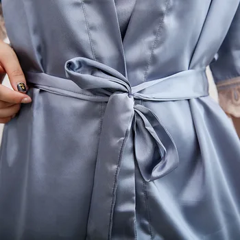 Sieviešu Sexy Viskozes Drēbes Tērpu Komplekts Pavasara Rudens Peldmētelis Komplekts 2 Gabali Cietā Kimono Nightdress Mežģīnes Sleepwear Naktsveļu Komplekts