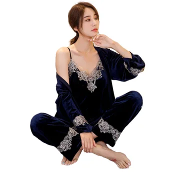 3PCS Miega Komplekts Sexy Sieviete Tumšā Pidžamu V-veida kakla Kāzu Kimono, Vanna Kleita Pijamas Sleepwear Velūra Mežģīnes Apdari Naktsveļu Uzvalks