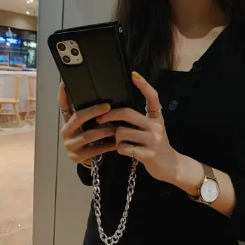 Dimanta Zieds Flip Maciņš Ādas Gadījumā Segtu Iphone 12 Mini 11 Pro XS Max XR X 8 7 Plus SE Luksusa Metāla Ķēdes Somā Gadījumā