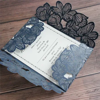 Lauku kāzu ielūgums tumši zils zieds ar lāzeru griezti pastkarti personalizēto vizītkarti iespiešana