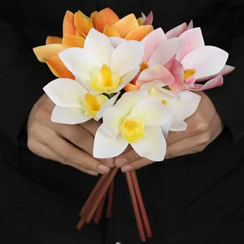 4 Filiāles Mākslīgā Orhideja, Ziedu Nekustamā Touch Cymbidium Īss Šaut Galda Dekorēšana DIY Kāzām Līgava Puses Ziedi, Mājas Dekoru