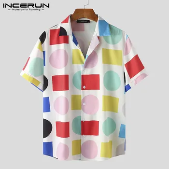 INCERUN Modes Vīrieši Havaju Krekls Zīmola Drukāšanas Krāsains Īsām Piedurknēm Ikdienas Blūze Streetwear Elpojošs Atloks Camisa 2021