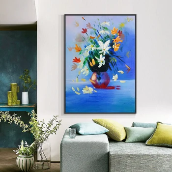 Roku Apgleznoti Ziediem, Eļļas Glezna Uz Audekla Roku Darbs Abstract Blue Krāsošana Sienas Māksla Mūsdienu Mājas Dzīvojamā Telpu Dekorēšana