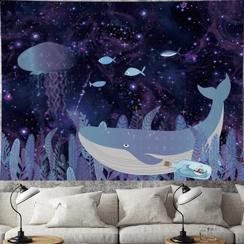 Gudrs vaļu karikatūra sienas karājas Bērnu istabas zivju sienas karājas Zemūdens Pasaules bērnu istabas gobelēns psychedelic Sienas Gobelēns