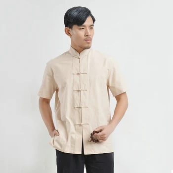 Ar īsām Piedurknēm Kokvilna Tradicionālā Ķīniešu Drēbes Tang Uzvalks Top Kung Fu Tai Chi Vienotu Vasarā Jauns Krekls, Blūze Vīriešiem