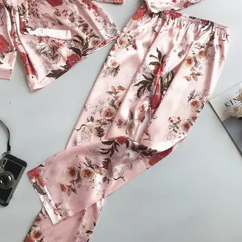 Jauno Modes 3PCS Pidžamas Komplekts Sexy Ziedu Drukāt Sleepwear Sievietēm Vasarā Svaigas Pidžamu Sieviešu Dziļu V Drēbes Miega Atpūtas telpa