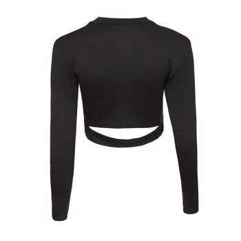 Moderns Sieviešu apģērbu melns ciets džemperis ar garām Piedurknēm Slim T-Krekli ar Atlokāmu Apkakli, Dāmas Vasaras Ikdienas Topi vienu gabalu