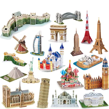 3D Carboard Papīra Ēkas Puzzle Modeļa Rotaļlietu Pasaulē Great Wall Tower Bridge Baltā Nama Notre Dame Eifeļa Jigsaw Bērniem 6 Gadiem