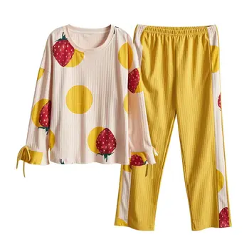 Sieviešu Plus Lieluma garām Piedurknēm Pidžamas Komplekts Krāsas Bloka Augļu Sleepwear Loungewear X3UE