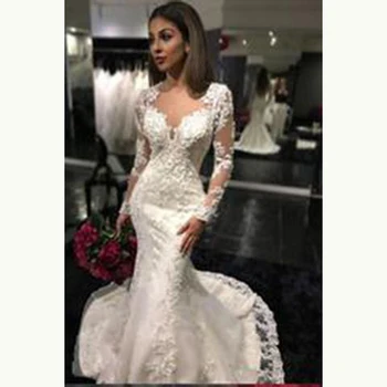 Vairumtirdzniecības Elegants Sirēna spānijas Mežģīnes garām Piedurknēm Kāzu Kleitas, Līgavas Ilūziju Atpakaļ Appliqued Līgavas Kāzu Tērpi 2020