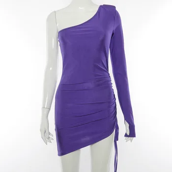 WJFZQM Gadījuma Ruched Viens Plecu Kleita Sievietēm Sexy Backless Pārsējs Kleita Sieviešu Streetwear Mini Purple Dress Vestidos Ir 2021. Jaunas