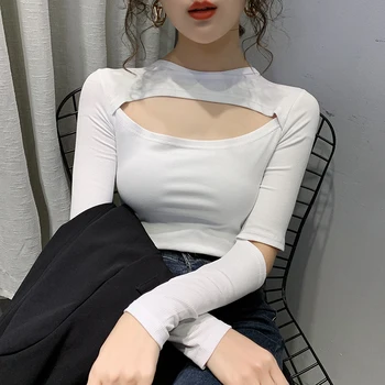 Pavasara Modes Korejiešu Stilā Zemāko Krekls Sievietēm Vienkrāsainu Personības Dobi No Long Sleeve T Krekls T091